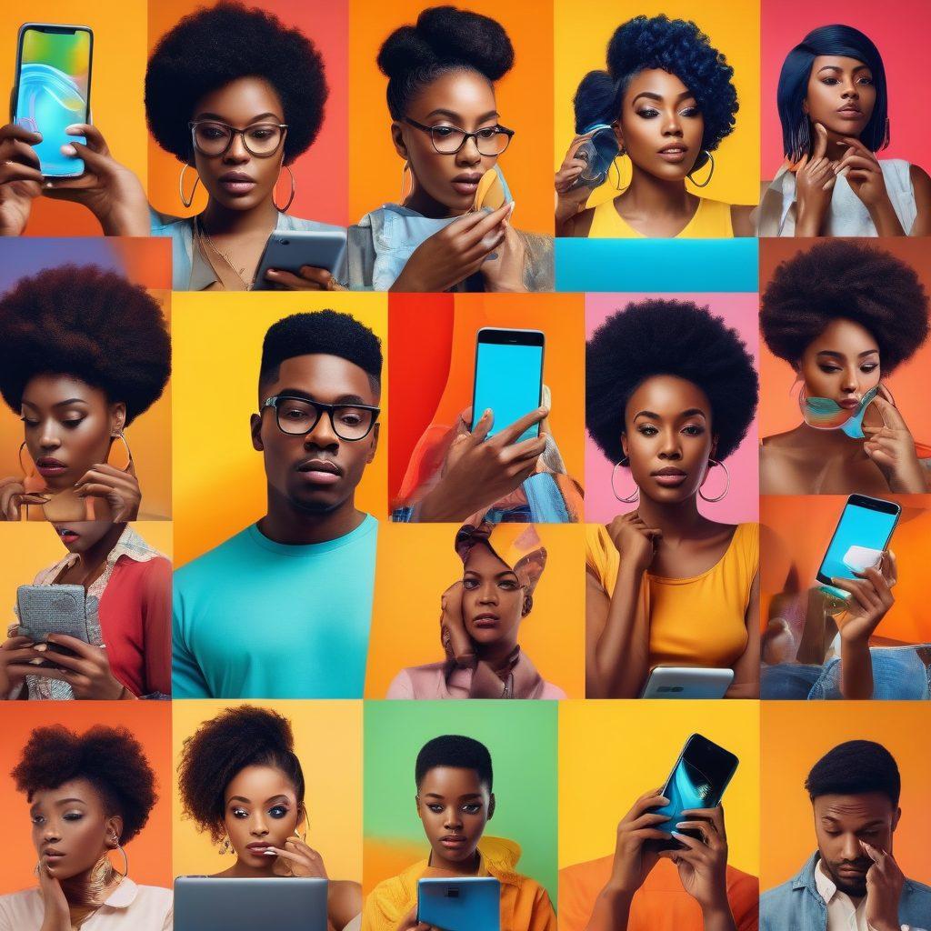 A vibrant collage illustrating a diverse group of African American individuals engaging with premium adult content in a thoughtful and respectful manner. Incorporate elements of technology, such as smartphones and tablets, set against a backdrop of abstract art symbolizing intimacy and empowerment. Include warm and inviting colors to create a positive atmosphere. super-realistic. vibrant colors. abstract background.