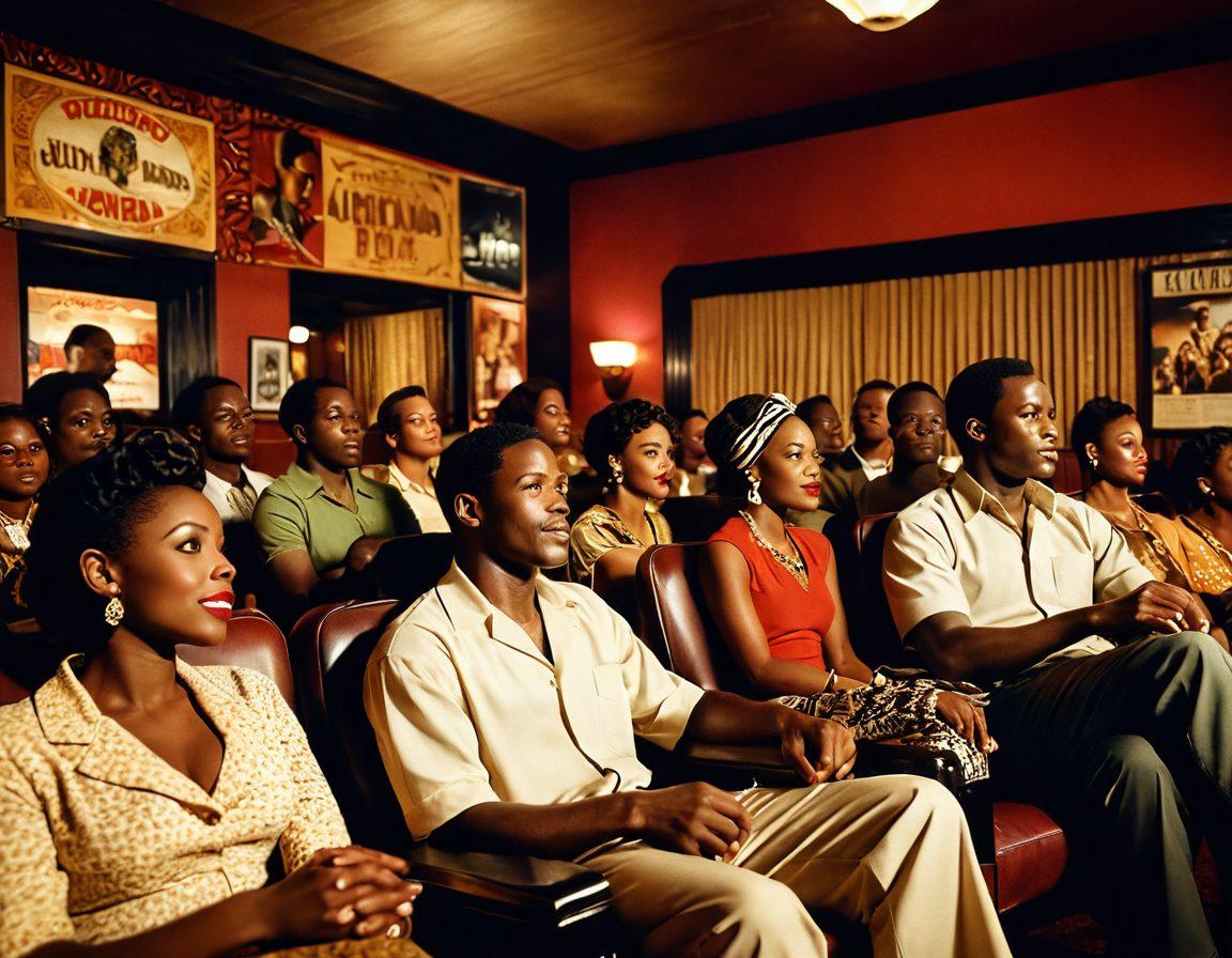 A captivating scene depicting a vintage cinema showcasing a diverse audience engaged in watching authentic African American films. The cinema is adorned with rich African-inspired decor, and a film reel display in the background features iconic movie posters. The expressions of joy and connection amongst the viewers highlight the cultural significance of the films. Soft warm lighting casts a nostalgic glow. super-realistic. vibrant colors. 3D.